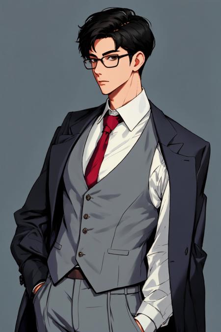 Masterpiece, absurdres, fine detail, HDR,
solo, looking at viewer, short hair, simple background, shirt, black hair, long sleeves, 1boy, white background, standing, jacket, male focus, necktie, glasses, collared shirt, pants, vest, black shirt, formal, suit, red necktie, grey jacket, hands in pockets, grey pants, grey vest, FH
 <lora:BIWv2:0.775>