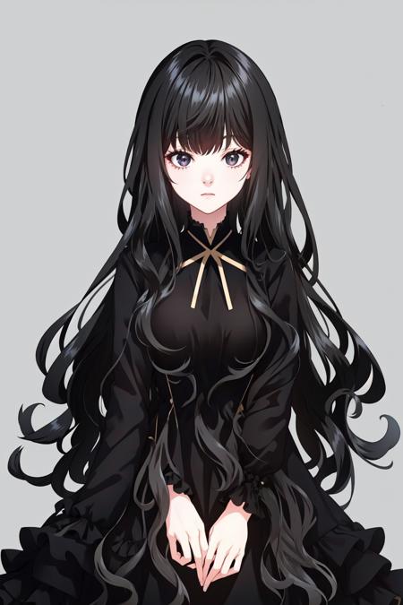 kathyln, 1girl, solo, long hair, looking at viewer, simple background, black hair, long sleeves, dress, bow, ribbon, upper body, frills, black eyes, black dress, expressionless, black background, black theme,  <lora:kathyln:1>