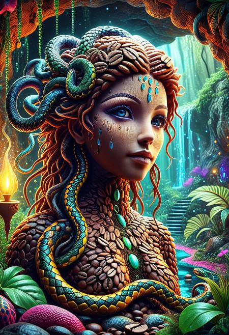 a  coffee bean medusa with wriggly snake hair  in a magical mythical setting, Cave whose walls are covered with shimmering plants, prismatic snakes, vibrant  surreal, whimsical, playful, intricate details, cinematic lighting, digital painting, trending on artstation, 8k, ultra-detailed, masterpiece, fantasy art,  mythical creatures,  magical atmosphere, ,<lora:SankeHairILL:1>,