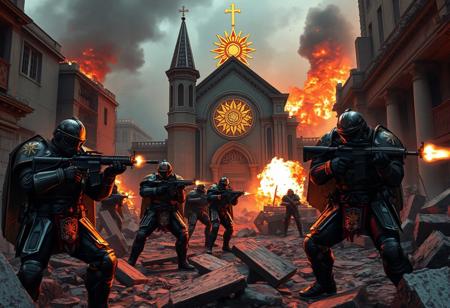 Armored warriors positioned in urban battlefield, holding their ground amid the crumbling cityscape.
Sun insignia armor gleaming, blending Victorian craftsmanship and modern combat tech.
Team wields rifles and machine guns, firing from behind barricades, concrete, and debris.
Church of the Blazing Sun looms in the background, sacred symbol glowing amid the chaos and flames.
Coordinated defensive maneuvers, firing strategically against advancing enemies.
Heavy gunfire echoes through the war-torn streets, maintaining a firm hold on their position.
Smoke and ash hang over the battlefield, casting long shadows over the defenders.
Rifles trained, enemy soldiers closing in, yet the warriors stand their ground.
Barricaded near the church, tactical movements keep enemies at bay.
Sacred architecture threatened, but the warriors fight to the last, honoring their duty to protect the Church of the Blazing Sun.
Sunburst and radiant symbols mark their armor and weapons, representing their devotion.
Flashing muzzle fire, bursts of machine gun fire from behind shattered columns.
Urban warfare, a mix of tactical defense and unwavering faith.