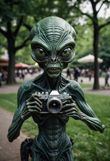 Photograph of an extremely creepy alien who has an old 35mm camera, the alien is taking tourism photos in the city park!
BREAK
,((uhd, 8k photograph taken with Sony A7R III, 1/30sec at f/5.6, ISO 20,000, 12-24mm f/4 at 12mm, slow shutter speed to capture motion blur, fear evoking angles, cinematic horror lighting, frightening shadows, perfect composition, award winning featured photograph, full-length photograph))
ng_deepnegative_v1_75t, epiCRealism, Ellis-RealismBoost