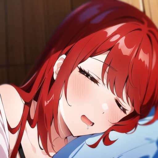 1girl, red hair, sleeping, drooling, (((saliva))),  <lora:animedroolingsleep:0.7>