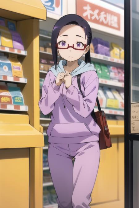 <lora:sato-000006:1> sato,
glasses, red-framed eyewear, under-rim eyewear,
purple hoodie, purple pants,
convenience store,
1girl, solo, confused