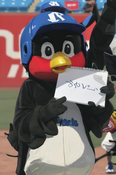 masterpiece, best quality, ultra-detailed, illustration,
tsuba9rou, mascot, holding sign, holding, looking at viewer, helmet, baseball cap, upper body, furry male, open mouth, beak, v, black eyes, smile, sign, furry, blurry background, blurry, stadium, 
 <lora:Tsubakurou_V1_1.0_MIDD_ResizeDIM8:1>