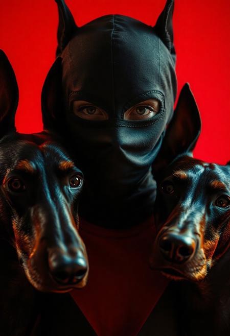 ultra cinematic shot, three black dobermans, ultra detailed, surrounding a masked fashion girl and an expressionless face, slick with sweat, predatory and intense gaze, dramatic directional lighting, harsh shadows, minimal immersive ambient, solid red background, in the style of Chris Cunningham, psychological-thriller tone, electric tension, gritty atmosphere, suspenseful, 35mm lens, cinematic realism, mysterious, dangerous and magnetic vibe