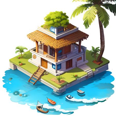 (masterpiece, top quality, best quality, official art, beautiful and aesthetic:1.2),(8k, best quality, masterpiece:1.2), CGgame building nsw, tree, no humans, water, (white background:1.3), boat, palm tree, flower, stairs, (simple background:1.4), grass, house, watercraft, isometry, outdoor, stairs <lora:CGgame building nsw:1>