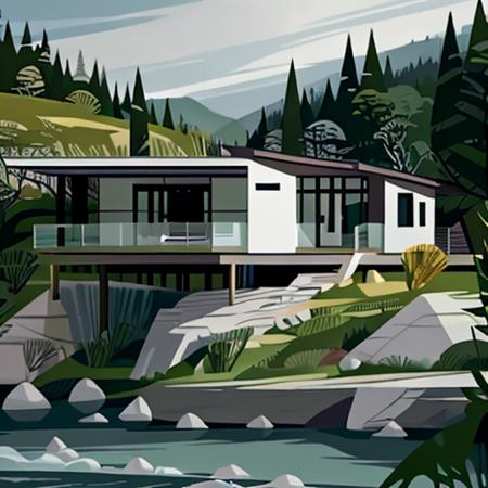 <lora:illustratearchitecture:0.8>,a painting of a house with a walkway beside of a river,Ultra hd! surrealistic, 8k