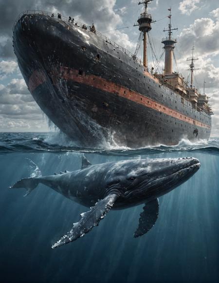 masterpiece, best quality, A huge whale is lurking beneath a ship