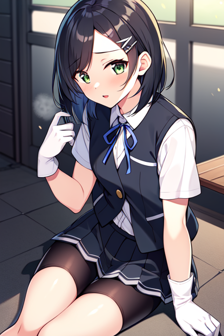 kuroshiokainiKC, short hair, shirt, gloves, ribbon, school uniform, white shirt, short sleeves, hairclip, white gloves, vest, neck ribbon, blue ribbon, black vest, black skirt,bike shorts