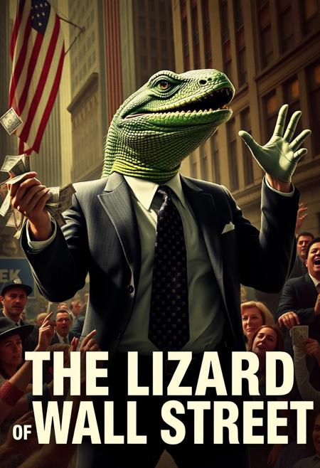 Create an alternate universe where ‘The Wolf of Wall Street’ becomes ‘The Lizard of Wall Street.’ Replace the iconic human lead with a charismatic reptile, dressed in sharp suits, flashing cash, and embodying the excess and greed of Wall Street. The image should capture the energy of high-finance chaos, luxury, and decadence, with the reptilian protagonist delivering dramatic speeches to roaring crowds. The main title on the image should read in bold: ‘THE LIZARD OF WALL STREET,’ capturing the essence of this unique twist on the classic