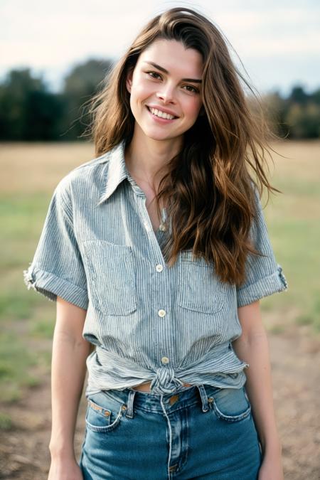 RAW photo of (bomaerten_v2c:0.99), closeup portrait, smile, happy, (striped button-down shirt tied at the waist with distressed jeans), (analog, film, film grain:1.3)