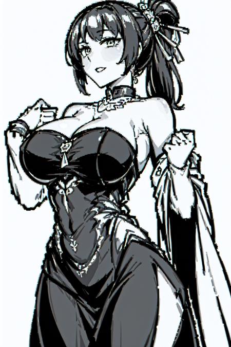 1girl,,pixel art, monochrome,  <lora:InkPix:0.6>, <lora:Hanying2:0.6>dress,large breasts,