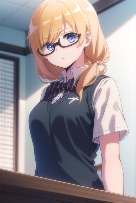 emilythomas, <lora:emily thomas anime s1-lora-nochekaiser:1>,
emily thomas, long hair, blue eyes, blonde hair, glasses, semi-rimless eyewear, black-framed eyewear, under-rim eyewear,
BREAK shirt, bow, school uniform, white shirt, short sleeves, bowtie, sweater vest,
BREAK indoors, classroom,
BREAK looking at viewer,
BREAK <lyco:GoodHands-beta2:1>, (masterpiece:1.2), best quality, high resolution, unity 8k wallpaper, (illustration:0.8), (beautiful detailed eyes:1.6), extremely detailed face, perfect lighting, extremely detailed CG, (perfect hands, perfect anatomy),