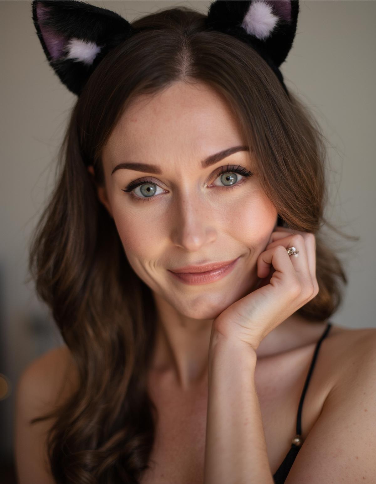 A close-up photo of Sanna Marin wearing cat ears, smiling as she looks towards the camera