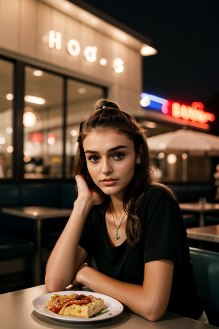 PaigeBonvallet2, portrait of a woman in front of a diner at night, raining, perfect eyes