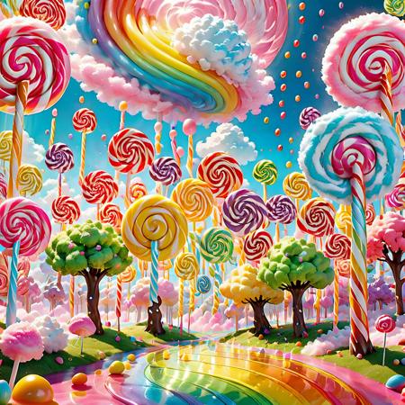 Ultra realistic, ,  realistic . (In this whimsical candy land world,  lollipop trees with swirling,  translucent,  and sugar-spun trunks reach skyward,  their candy-flavored leaves glistening in the perpetual rainbow sunshine. Rivers of molten chocolate wind their way through valleys of cotton candy,  while marshmallow clouds drift lazily across the candy cotton candy sky,  occasionally releasing a shower of jellybean raindrops),  8k octane render,  high detail,  cinema style,  Masterpiece,  hyperdetailed,  intricately detailed,  Professional photography,  bokeh,  natural lighting,  canon lens,  shot on dslr 64 megapixels sharp focus,  complex, <lora:EMS-62765-EMS:0.700000>