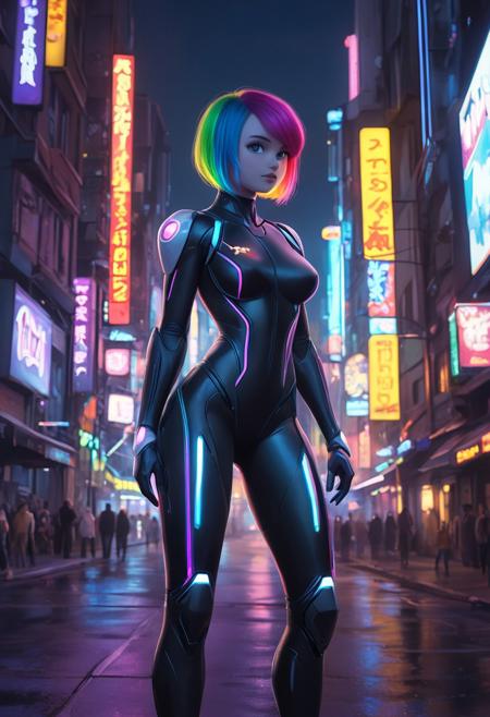 (disney pixar style:1.2) (cute adorable girl:1.15) (adult age 20:1.15)  short rainbow hair, future bodysuit with led lights, sexy revealing outfit, cybersuit, large breasts, cleavage, standing outside at night, on the cyberpunk city streets (extreme far shot, full body, zoomed out:1.1)