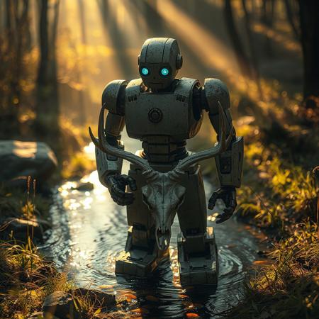 masterpiece, best quality, amazing quality, very aesthetic, hdr , photorealistic, light particles, very detailed, 8k, ambient occlusion, blurry foreground, depth of field, immersive perspective, lens flare, high angle shot,creative angle,neon_silhouette_style, pale yellow silhouette, musky forest with some rock, some ray of light, 1 iron robot, scratched, dirty, standing in a small creek with transparent water, little fishes, blocky chest, no neck, no nose, no mouth, cylindrical head, shiny blue circular eye visors, large blocky feet, large 4-fingers hands, (holding at eye level a white deer skull with small antlers and looking at it), grass bent in waves from the wind, backlight, shadowed face