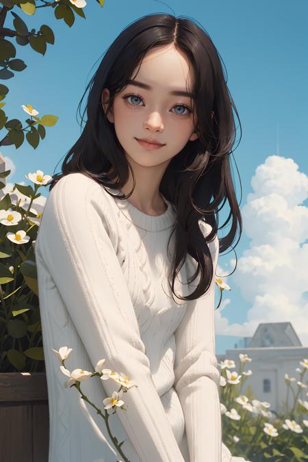 (masterpiece, best quality),1girl, solo,  outdoors, letterboxed, day, sky, looking at viewer, cloud, brown eyes, 
straight hair,ombre,ribbed sweater,dress shirt, upper body, blue sky, depth of field, light smile,