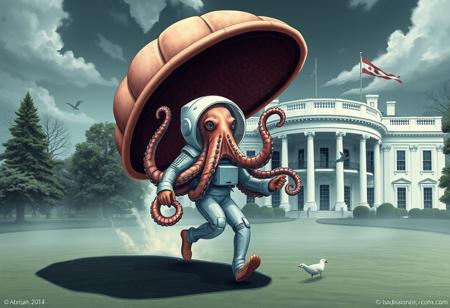 octopus in an astronaut uniform walking out of a conk shell UFO in front of the white house with mermaid runes on his ship.