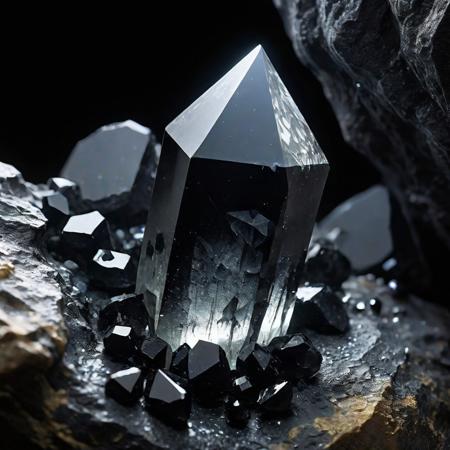 A black Nuummite-like crystal, shaped like a hexagonal prism, glows from its apex with intense light that seems to pulse with ancient energy. The black crystal has facets that refract the light in multiple directions, creating sparkles and bright points on its polished surface. The black crystal is partially embedded in a dark gray rock formation, with tiny black and gold mineral veins snaking around its base, encircling it as if the stone had naturally formed around it over millennia. Small, sharp black crystals emerge from the surrounding rock, forming a natural frame that enhances the black glow of the main crystal. The setting is a completely black, hazy cavern, where distant rock formations and tiny glimmers of other luminescent minerals are glimpsed, creating an eerie space that makes the black crystal the focal point of the image. The lighting is dramatic, with the crystal as the primary light source, projecting a diffuse halo of fluorescent light that gradually fades into the surrounding darkness, subtly revealing the textures of the wet stone. The atmosphere evokes a mystical and powerful feeling, as if the crystal contained ancient energy trapped in the earth for eons. Technically, the image possesses a photorealistic quality with high contrast, shallow depth of field, and perfect definition of the textures of the clear crystal and rough stone.