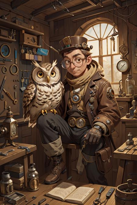 The inventor, a wise owl with glasses, is caught in a moment of genius. A steampunk-inspired inventor's workshop, filled with curious gadgets, mechanical marvels, and hidden wonders. Hyper-detailed, 4k, whimsical, nostalgic, innovative design, rich textures, engaging storytelling