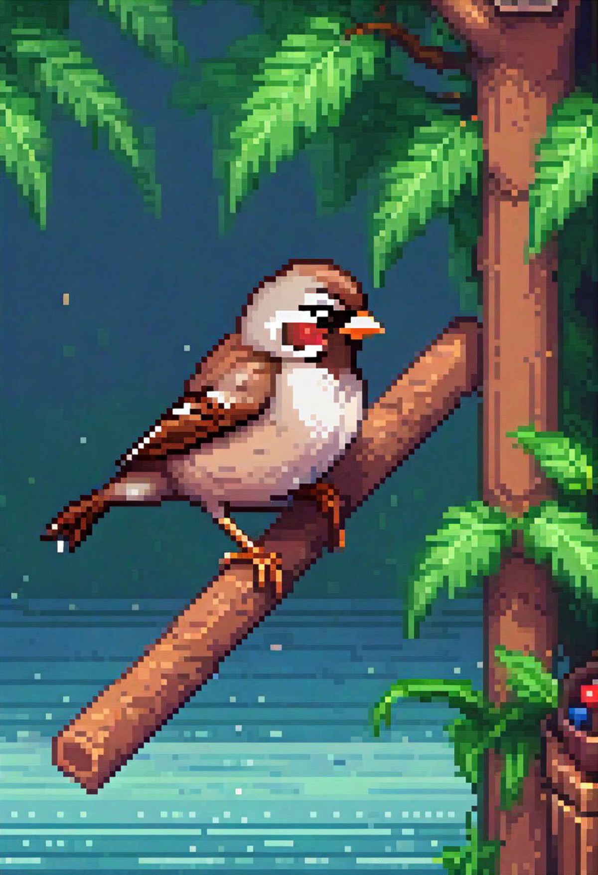 pixel art, 32 bit, a beautiful sparrow just living his life to the fullest