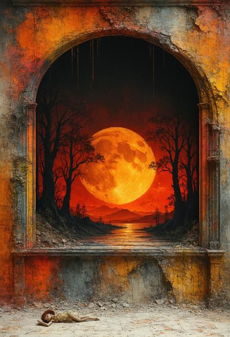 A colossal, antique shadow puppet theater, silhouetted against a vibrant, otherworldly sunset. Moonlight spills through cracks in the structure, creating intricate patterns on the stage. A single, antique puppet lies discarded on the ground. Style of Jan Svankmajer meets Alphonse Mucha, blending stop-motion animation aesthetics with Art Nouveau elegance. Predominantly deep oranges and purples, with highlights of silver from the moonlight. Hyperrealistic texture, volumetric lighting, cinematic composition, sense of whimsical storytelling and fading magic.