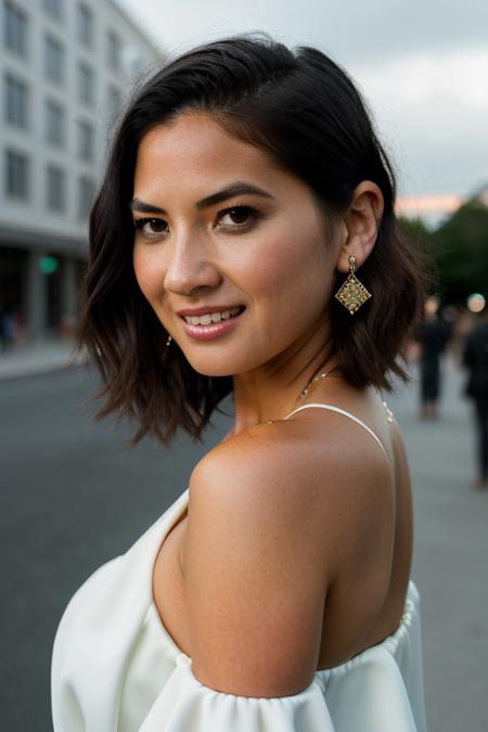 Realistic photo of a beautiful 0l1v14m woman,  1girl, solo, breasts, smile, short hair, black hair, dress, brown eyes, jewelry, medium breasts, upper body, earrings, teeth, blurry, lips, looking to the side, sideboob, blurry background, watermark, web address, realistic, very short hair, photo background, soft lighting, professional Photography, Photorealistic, detailed, RAW, analog, sharp focus, 8k, HD, DSLR, high quality, Fujifilm XT3, film grain, award winning, masterpiece<lora:0l1v14m:1.0>