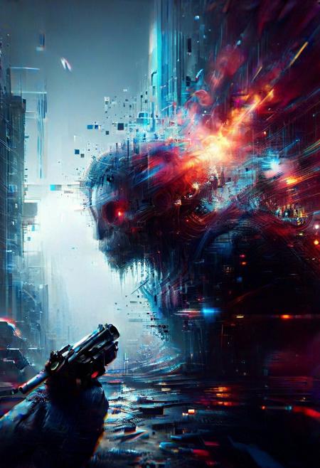 A surreal Delirium style digital artwork in a hyper-realistic cinematic. still, artistic. (elaborate fine details:1.1), (hyper-detailed:1.1), (intricate details:1.0), (Refined details:1.1), (best quality:1.1), (high resolution:1.2), (saturated colors:1.4), qu4ntum, Gun,
geometric gradients, deep rich silver black and blue colors, foggy atmosphere,DeepNegative_xl_v1
perfection style,
perfection,
perfect,
glitch,
flickering,
digital,
glitch style,
Once Human,
qu4ntum,