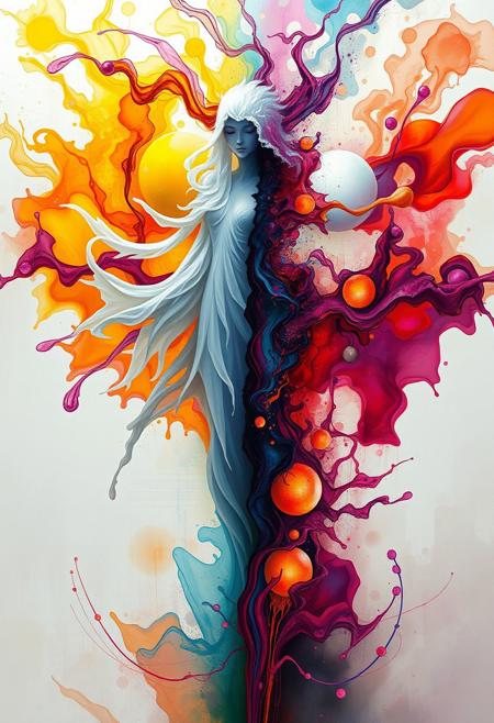 A digital painting depicting an ethereal ghostly figure with fluid dynamics and ink dispersion, vibrant colors, high contrast, intricate details, and a dramatic low-angle perspective showing a distinct split between sections with abstract forms and liquid textures in a modern surreal style.