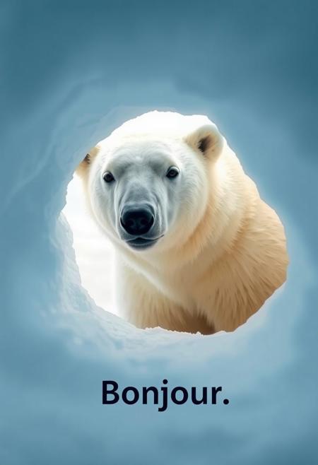 Polar bear in a snow cavern, Shy polar bear. The polar bear is barely visible, only his head are patially out of the snow cavern. The polar bear is saying "Bonjour". Text: "Bonjour"
