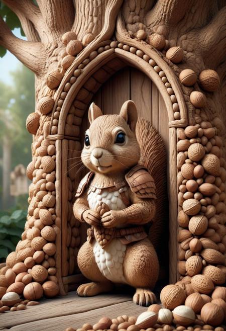 masterpiece, best quality, 8K, absurdres, photorealistic, intricate details, a photo of a cute squirrel wearing armor made of nuts, nutstylesnut, spear, guarding a wooden entryway ingraved in a huge old tree.