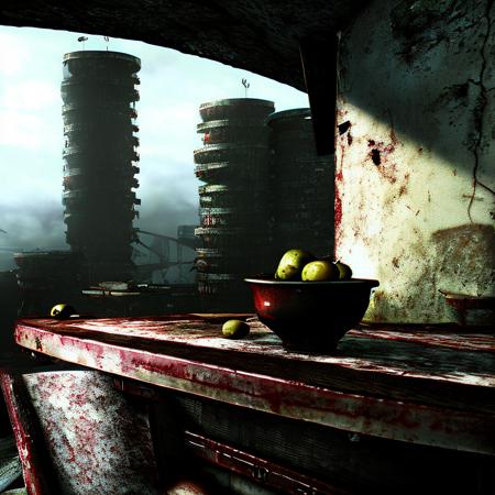 bowl of fruit on a table, dramatic lighting, by ApocByDave