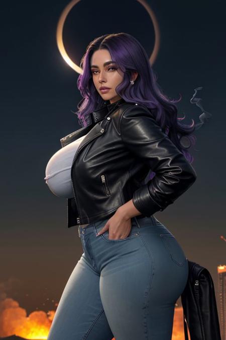 masterpiece, best quality, ultra realistic, science fiction, sci-fi, futuristic city, dark scene, volumetric lighting, front shot, from front, 1girl, solo, eclipsed sun in the background, solar eclipse, long hair, power pose,  dark blue purple iridescent hair, leather jacket with rolled up sleeves, t-shirt under jacket, jeans, swirling cyan energy, night, thick, curvy, dying star in the background, destruction, smoke, fire, eyes radiate light, <lora:PulenKompot-Goddess-V3:1> goddess, thick thighs, huge breasts