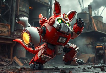 The image showcases a dynamic Junk Robot Teapot Kangaroo from the Transformers series, poised for action with vibrant red and white coloring. Set against a grimdark Junk Factory background, the poster boasts high-resolution, 4K quality with intricate details, vivid colors, and harmonious composition. The artwork exudes a powerful message, capturing the essence of Transformers through dynamic action, captivating lighting, and realistic shading, akin to the styles of ilya kuvshinov, katsuhiro, magali villeneuve, artgerm, jeremy lipkin, michael garmash, and rob rey. This visually stunning and well-timed piece is trending on Artstation and CGSociety.