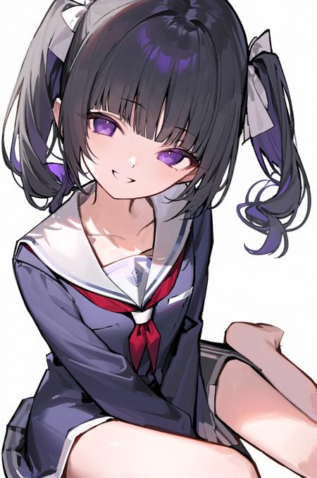 flat color, 1girl, solo, black hair, purple eyes, wariza, sitting, white background, school uniform, looking at viewer, smile, blunt bangs, looking at viewer, closed mouth, collarbone, twintails