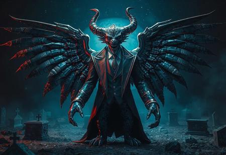 "Create a 4K, hyper-detailed, photorealistic rendering of Kim Deuk-sin's conceptualized 'Garbage Ogre in a Purity of the Cemetery' featuring an ornate tuxedo and huge symmetrical wings. Include dark blue and red tones, a cosmic void background, and chrome spacetime details. Aim for a multi-dimensional, chrome appearance, and draw inspiration from Egyptian patterns and polished elements. Consider post-processing to achieve a sublime, cool, badass, and hyperadvanced aesthetic."