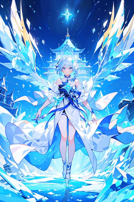 male focus,beautiful detailed glow,detailed ice,beautiful detailed water, (floating palaces:1.3),(((ice crystal texture wings))),stars in the eyes, messy floating hair, colored inner hair, Starry sky adorns hair, (lots of big colorful Bubble), (pearl), (Galaxy), depth of field,