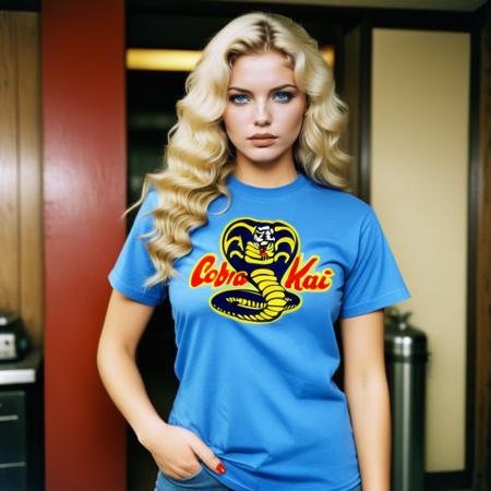 analog film photo Ultra quality, ultra defined textures and colors, full body shot, blond woman long wavy hair, blue eyes woman, beautiful lips, extreme face makeup, short sleeves, woman wearing a cobra kai t-shirt logo  <lora:Cobra Kai- tshirt - SDXL1.0:1> . faded film, desaturated, 35mm photo, grainy, vignette, vintage, Kodachrome, Lomography, stained, highly detailed, found footage