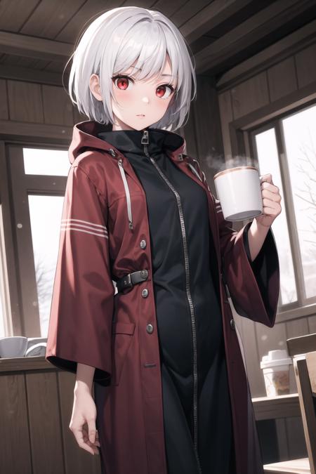 masterpiece, best quality, 1girl, short white hair, red eyes, long robe, buttons, zippers, ski lodge, winter, holding a coffee mug