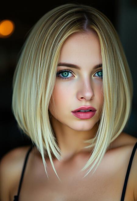 woman, blonde bobcut hair, parted half hair, green and blue eyes,