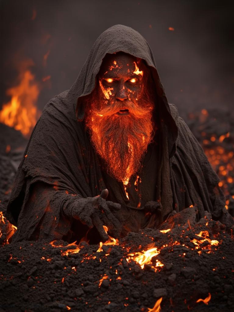 iph0ne Elemental wizard closeup photo, his face a mixture of stone and glowing magma, every detail captured in high resolution. His burning eyes and fiery beard made of flowing lava cast an eerie glow across the scene. His robe, made of molten rock and ash, radiates heat, visible in the shimmering air around him. The background is filled with ash and embers floating through the air, and the ground beneath his feet glows with intense, fiery light. The entire scene crackles with energy, giving the image a raw, elemental power.















