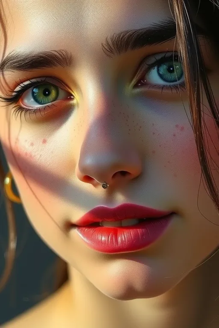 An oil painting of a close-up of a female face with striking blue-green eyes, a freckled complexion, and well-defined lips. The woman has dark hair that frames her face. The eyes are accentuated with long, dark, thick eyelashes. The healthy glow skin freckles are scattered across her cheeks and nose, and she has a small stud in her nose. The background is blurred, putting the focus solely on the face. The sun beams of lighting highlights the contours of her face, especially around the eyes and nose