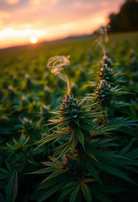 vibrant cannabis field, (lush green leaves:1.4), (sunset glow:1.2) casting warm light over the plants, (detailed textures:1.5), smoke swirling softly in the air, (cannabis buds:1.3) glistening with trichomes, peaceful and serene atmosphere, (natural light:1.4), wide field stretching into the distance, (colorful sky:1.2) with shades of pink and orange, (high-definition:1.6), (ultra-realistic textures:1.5), close-up details of cannabis plants, (soft focus in the background:1.2), modern, laid-back aesthetic, perfect for a cannabis culture feature, chill and relaxed vibe, (overexposed:-1.4), (unnatural colors:-1.5), (blurry:-1.6), (low-resolution:-1.7), (harsh lighting:-1.5), (distorted textures:-1.6)