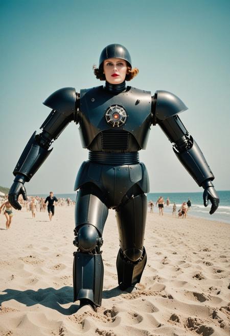 ((Film poster including a dynamic photograph from a colorized, 1936 Soviet live action film titled (" The Giant Mechanical Woman in Black Attacks the Beach! "), ((starring (actress Vera Maretskaya) in the role of (the character, The Giant Mechanical Woman in Black)), 
[(Cinematic still), (photograph from a 1936 soviet film) (using 35mm, agfacolor film stock), (using State Optical Institute cine lenses),  ((colorized with the 1936 style Bipack colourisation method) (three strip technicolor: capturing the red, green, and blue components of the scene on three separate strips of black-and-white film, later combined to create the full-color image appearance))]