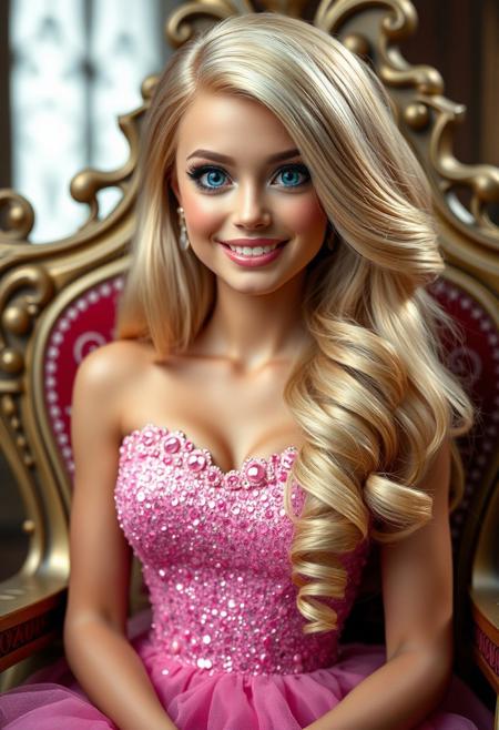 A professional photo of a gorgeous princess who looks like Barbie. She has extremely long straight blonde hair parted on the side and curled at the ends. Her huge blue eyes are open wide with excitement. She is wearing glamorous makeup. She is wearing a glittering pink princess dress. She is sitting on a fancy throne and smiling.