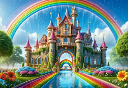 A happy cute, (castle in the rain:1.2), (tearStyle2:1.5), (rainbow), building, architecture, Adorable, heart warming, cheerful, detailed, bright colours, shiny, eco-friendly, garden, (summer:1.8), environmental, sunlight, shadows, digital art, whimsical, playful, intricate details, high resolution, photorealistic, joyful atmosphere, gentle, soft lighting, cartoonish style, enchanting, vivid, appealing, imaginative, family-friendly, [photography, realistic, photorealistic, (8k), (highly detailed), cinematic lighting, intricate details, (high resolution), award-winning,   correct focus, realistic, realistic lighting, (highly detailed),  masterpiece], ((Cinematic Still-Shot)), no humans,