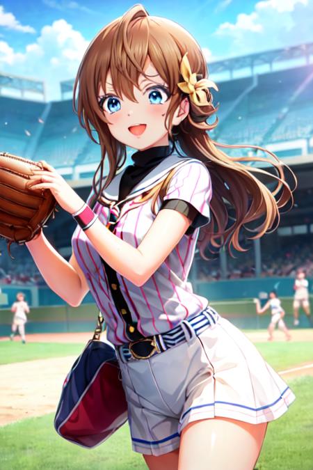 arihara white baseball_uniform pink vertical-striped pleated skirt,