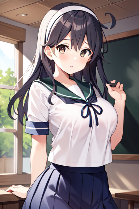 ushioKC, 1girl, solo, long hair,skirt,black hair, school uniform, ahoge, short sleeves, pleated skirt, serafuku, sailor collar, 